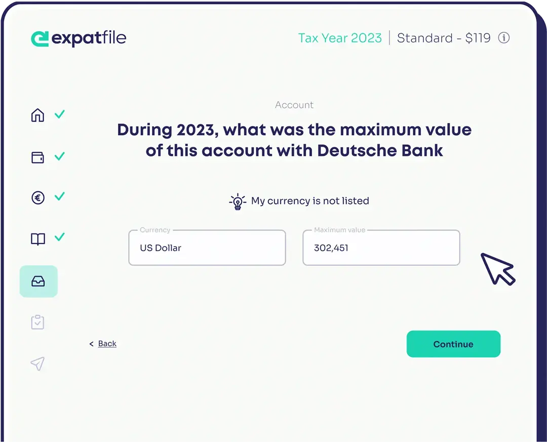 A screenshot of Expatfile®'s tax software